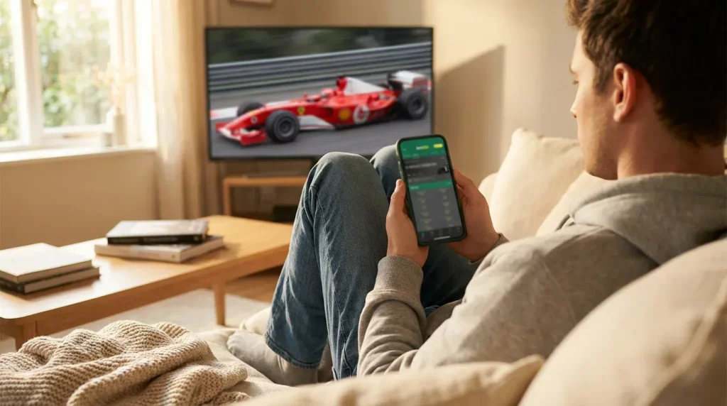 Ecrã de telemóvel com o processo de registo e primeira aposta num mercado de Fórmula 1