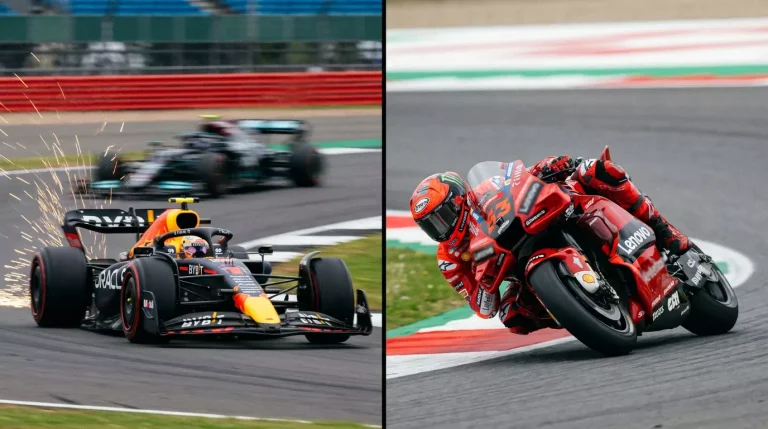 Monolugar de Fórmula 1 e moto de MotoGP em composição visual representando o universo do motorsport