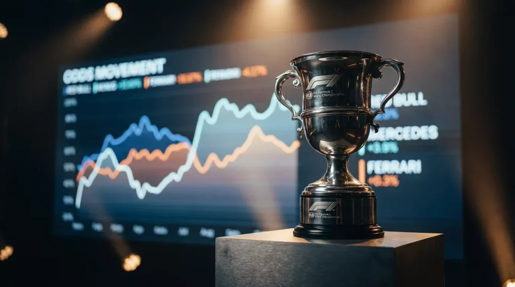Troféu do campeonato mundial de Fórmula 1 sobre um fundo de gráficos de odds ao longo da temporada