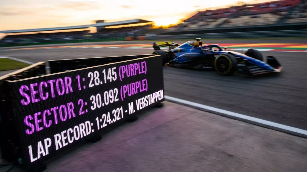 Cronómetro digital com tempo de volta rápida num circuito de Fórmula 1
