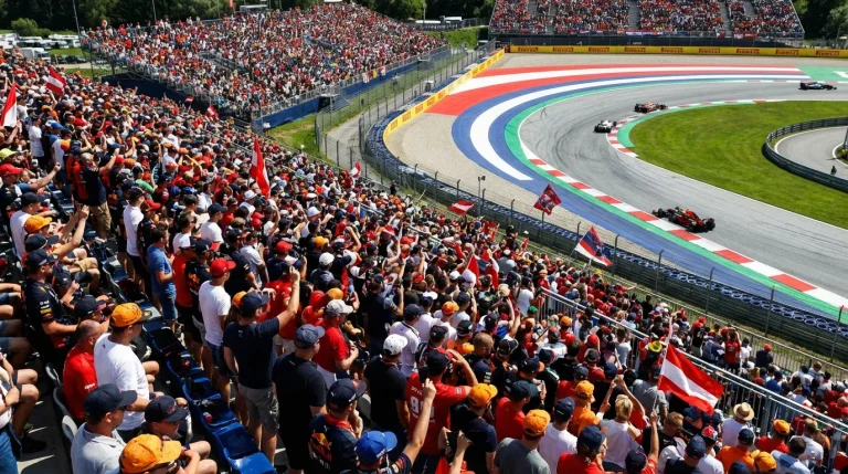 Bancadas lotadas num circuito de Fórmula 1 com gráficos de audiência sobrepostos