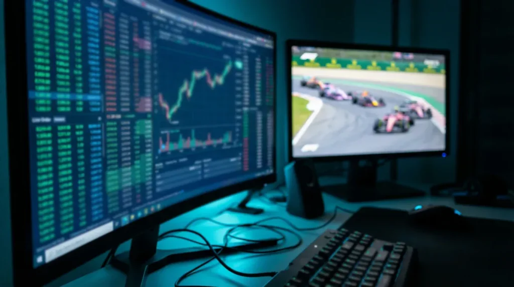 Interface de exchange de apostas com mercado de Fórmula 1 mostrando odds de compra e venda