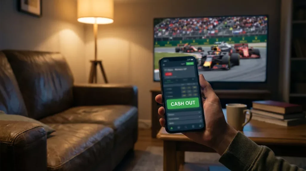 Ecrã de telemóvel com botão de cash out activo durante uma corrida de Fórmula 1