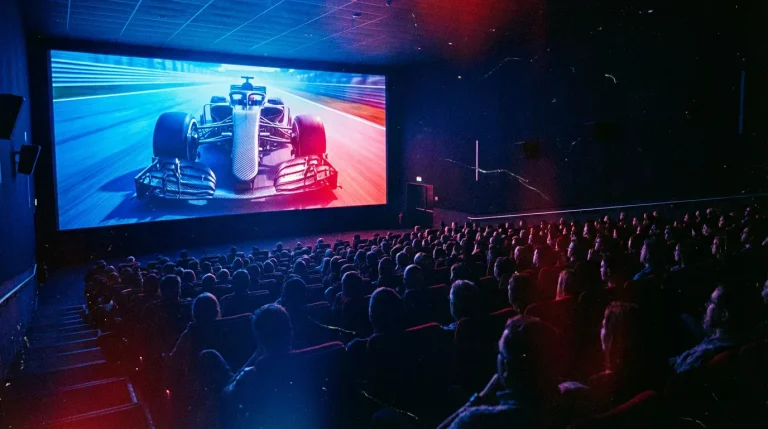Sala de cinema com imagem de monolugar de Fórmula 1 no ecrã gigante