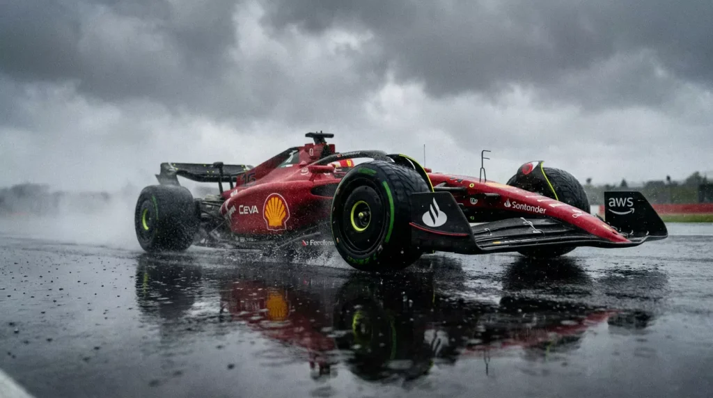 Monolugar de Fórmula 1 com pneus de chuva em pista molhada durante um Grande Prémio