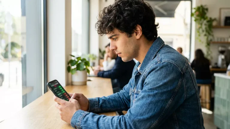 Jovem apostador português a analisar odds de Fórmula 1 no telemóvel durante um Grande Prémio