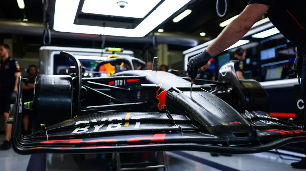 Carro de Fórmula 1 com aerodinâmica ativa e elementos técnicos do regulamento 2026