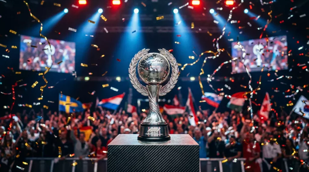 Pódio de Fórmula 1 com troféu de campeão do mundo e gráfico de odds dos favoritos para 2026