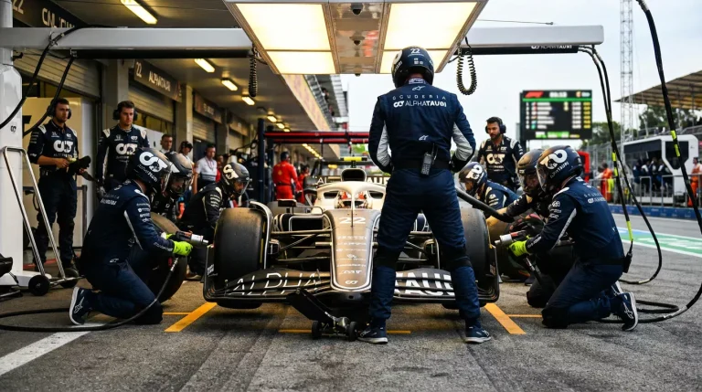 Equipa de mecânicos a realizar um pit-stop de Fórmula 1 com troca de pneus em menos de três segundos