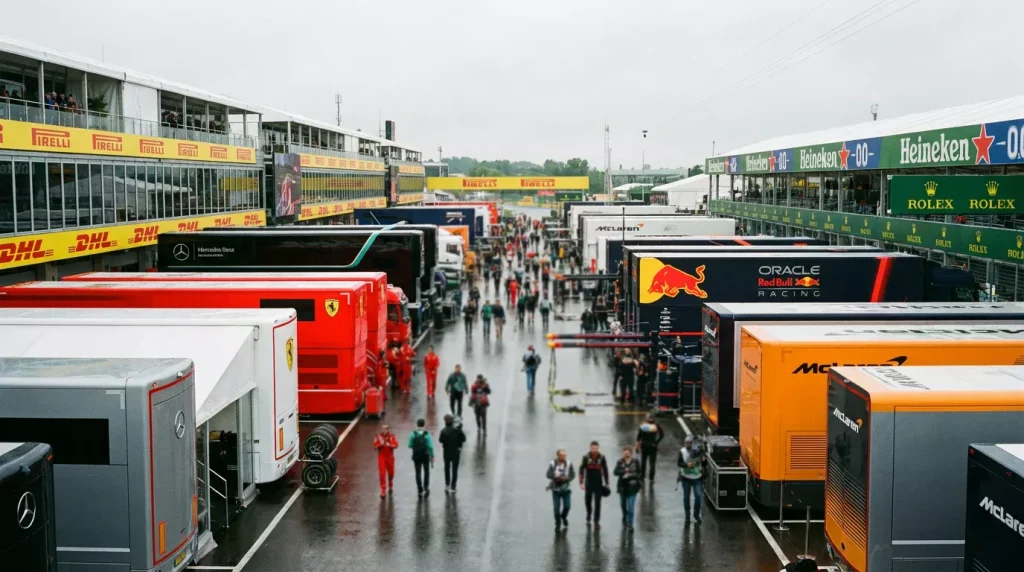 Paddock de Fórmula 1 com logótipos de patrocinadores e gráfico de receitas do Formula One Group