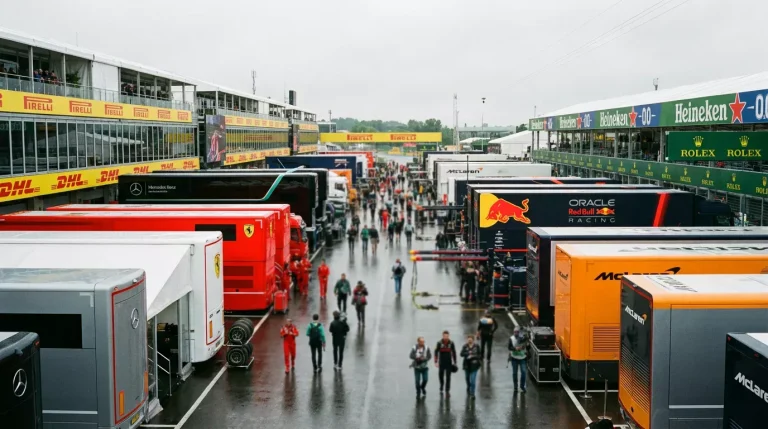 Paddock de Fórmula 1 com logótipos de patrocinadores e gráfico de receitas do Formula One Group